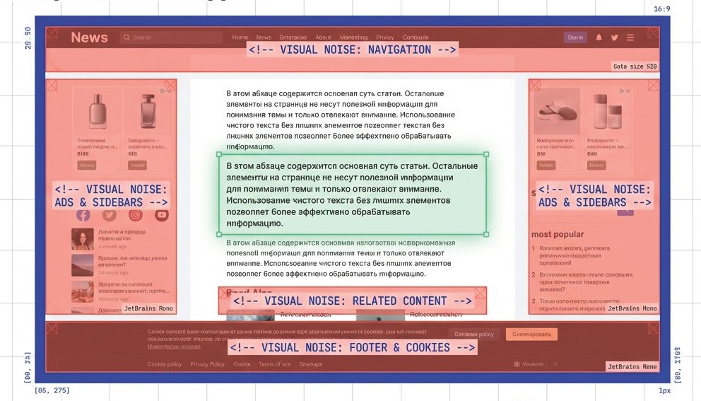 Пример: на странице выделен визуальный шум и основной смысловой текст
